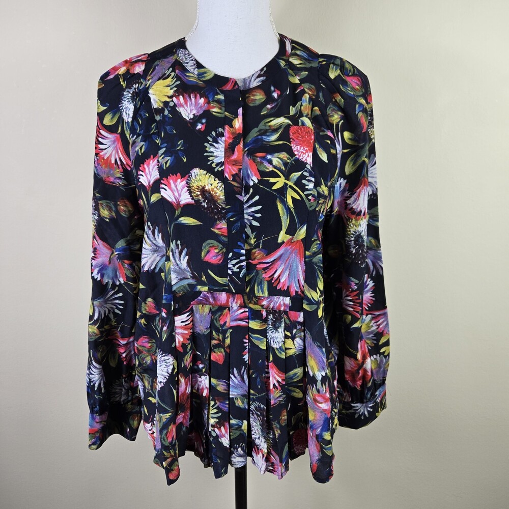 J. Crew Womens Top S Dark Blue Floral Print Popover Silk Blouse Shirt